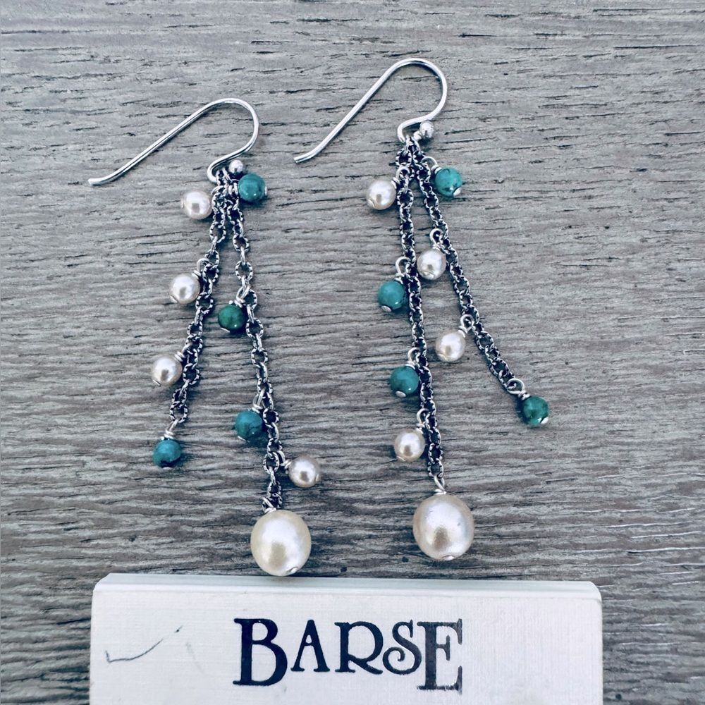 Barse 925 Silver Pearl Turquoise Beaded Chain Earrings